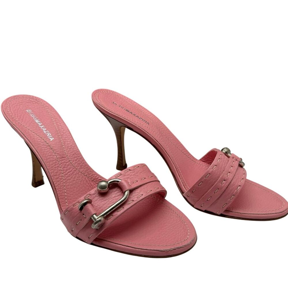 Vintage Y2K BCBG Max Azria Pink Leather Heeled Mules 7.5 Horsebit SATC Kitten
